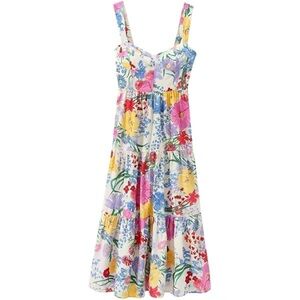 ZARA Floral Tiered Midi Dress Cottagecore Garden Party Side Zip Size Medium